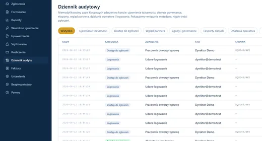 Screenshot of the audit log: a table of events with date, category, description and the person who triggered it.