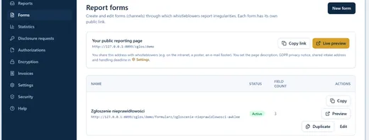 No-code report form builder: arrange fields, sections and translations yourself.