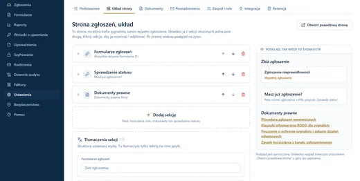 Zrzut edytora strony zgłoszeń: lista sekcji do przestawiania po lewej, podgląd strony sygnalisty po prawej.