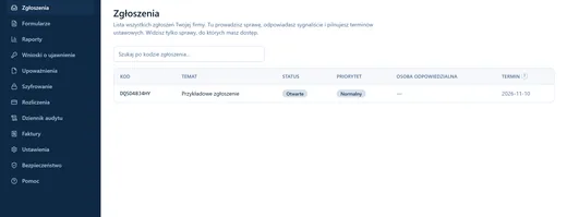 Lista zgłoszeń z metadanymi: status, priorytet, kategoria i termin. Treść widzi wyłącznie upoważniona obsługa.