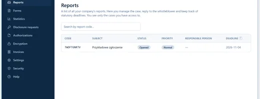 Report list with metadata: status, priority, category and deadline. Only authorised staff see the content.