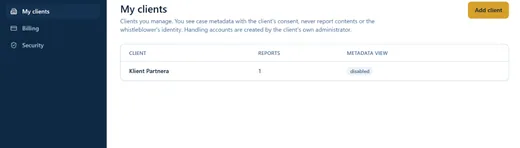 Screenshot of the partner client list with columns for client, report count and overdue cases.