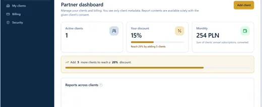 Screenshot of the partner dashboard: tiles showing active clients, the current discount tier and the monthly amount.