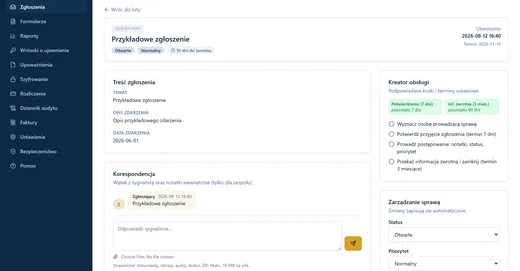 Screenshot of a case: report content and correspondence on the left, the handling guide with deadlines and the management panel on the right.