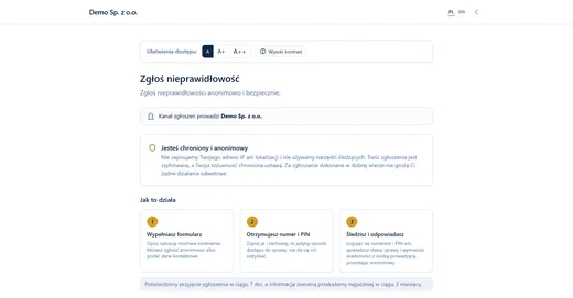 Zrzut strony zgłoszeń: nagłówek „Zgłoś nieprawidłowość”, ramka z informacją o ochronie sygnalisty i trzy kroki zgłoszenia.