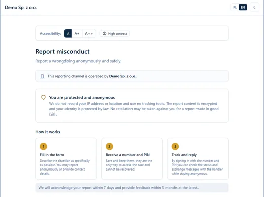 Screenshot of the reporting page: the "Report misconduct" heading, a panel about whistleblower protection and three reporting steps.