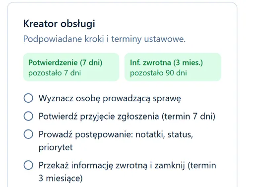 Zrzut karty „Kreator obsługi” z dwoma licznikami terminów i listą czterech kroków postępowania.